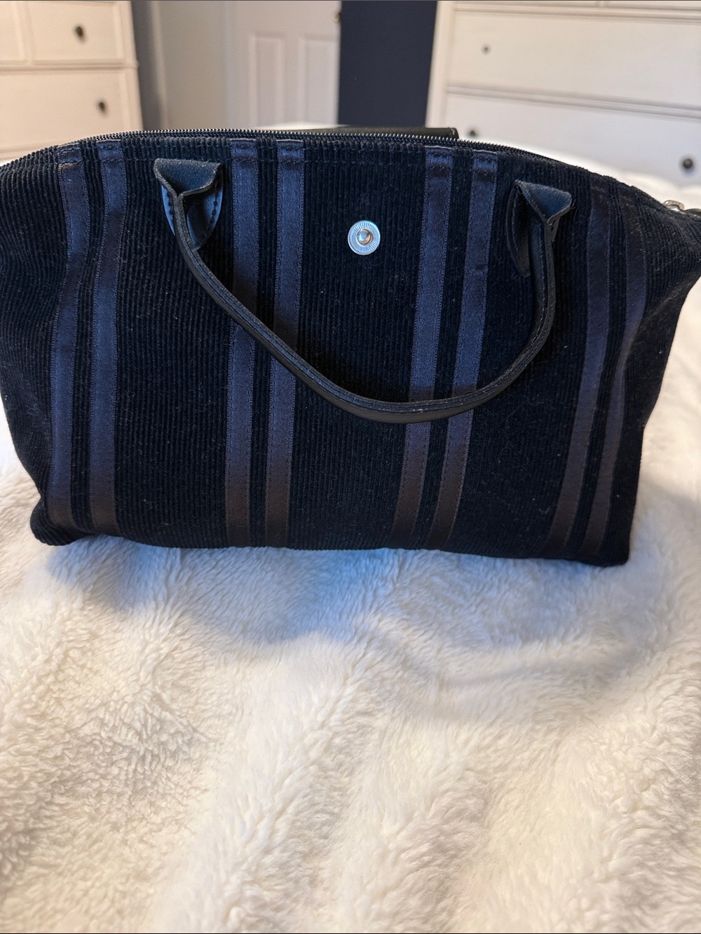 Longchamp Black Striped Corduroy Tote